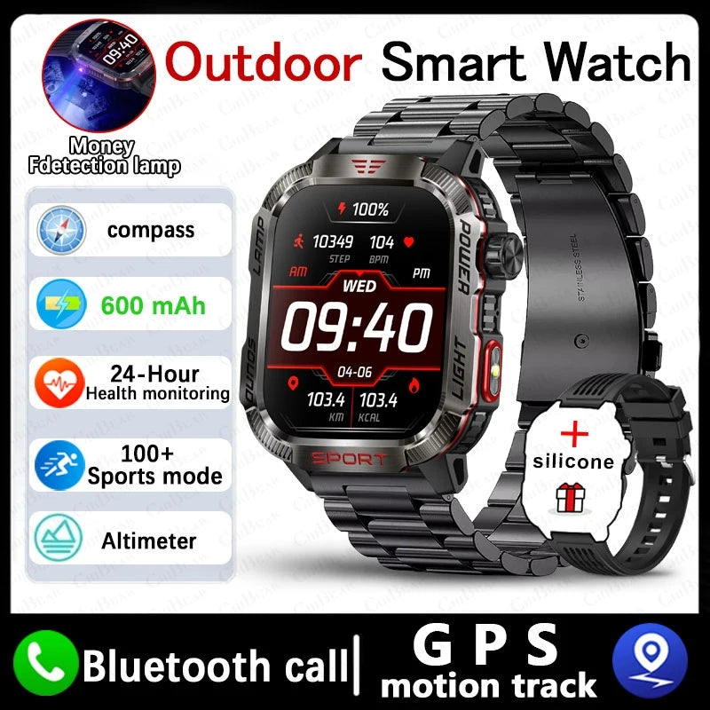 Military GPS Smartwatch for Men – Compass, Flashlight & Bluetooth Call