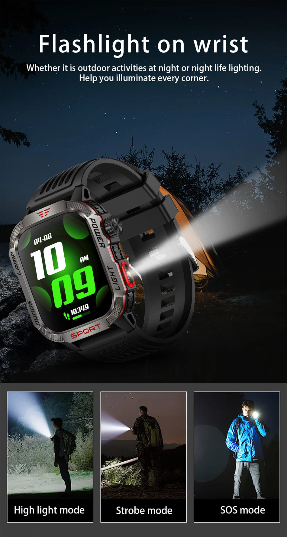 Military GPS Smartwatch for Men – Compass, Flashlight & Bluetooth Call