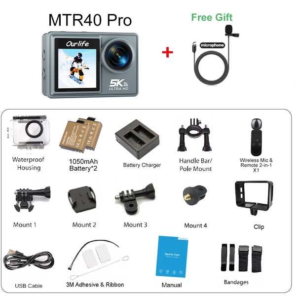 Ourlife MTR40 5K Action Camera – 2" Touchscreen, 170° Waterproof