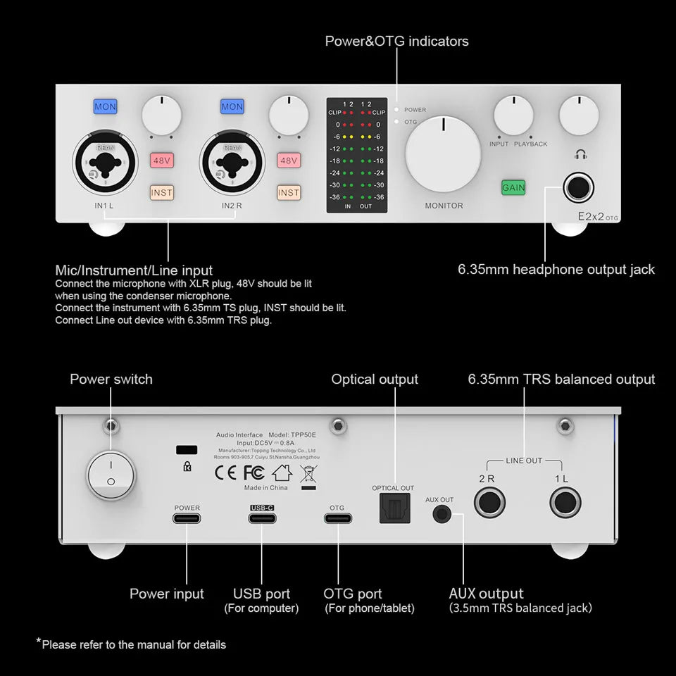 TOPPING E2x2 OTG – 2-in/2-out Audio Interface