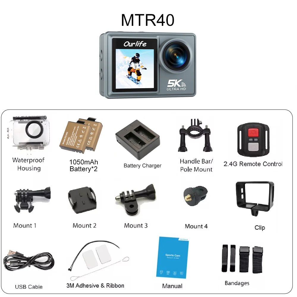 Ourlife MTR40 5K Action Camera – 2" Touchscreen, 170° Waterproof