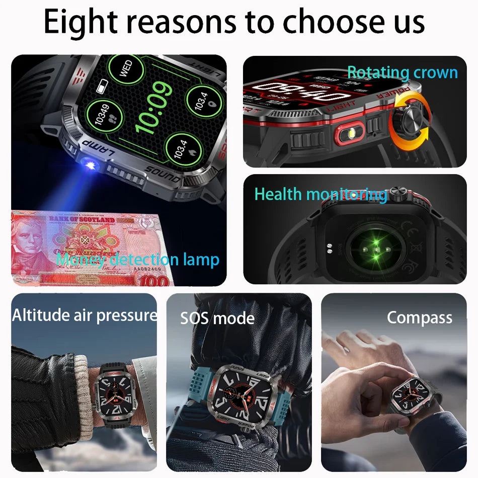 Military GPS Smartwatch for Men – Compass, Flashlight & Bluetooth Call