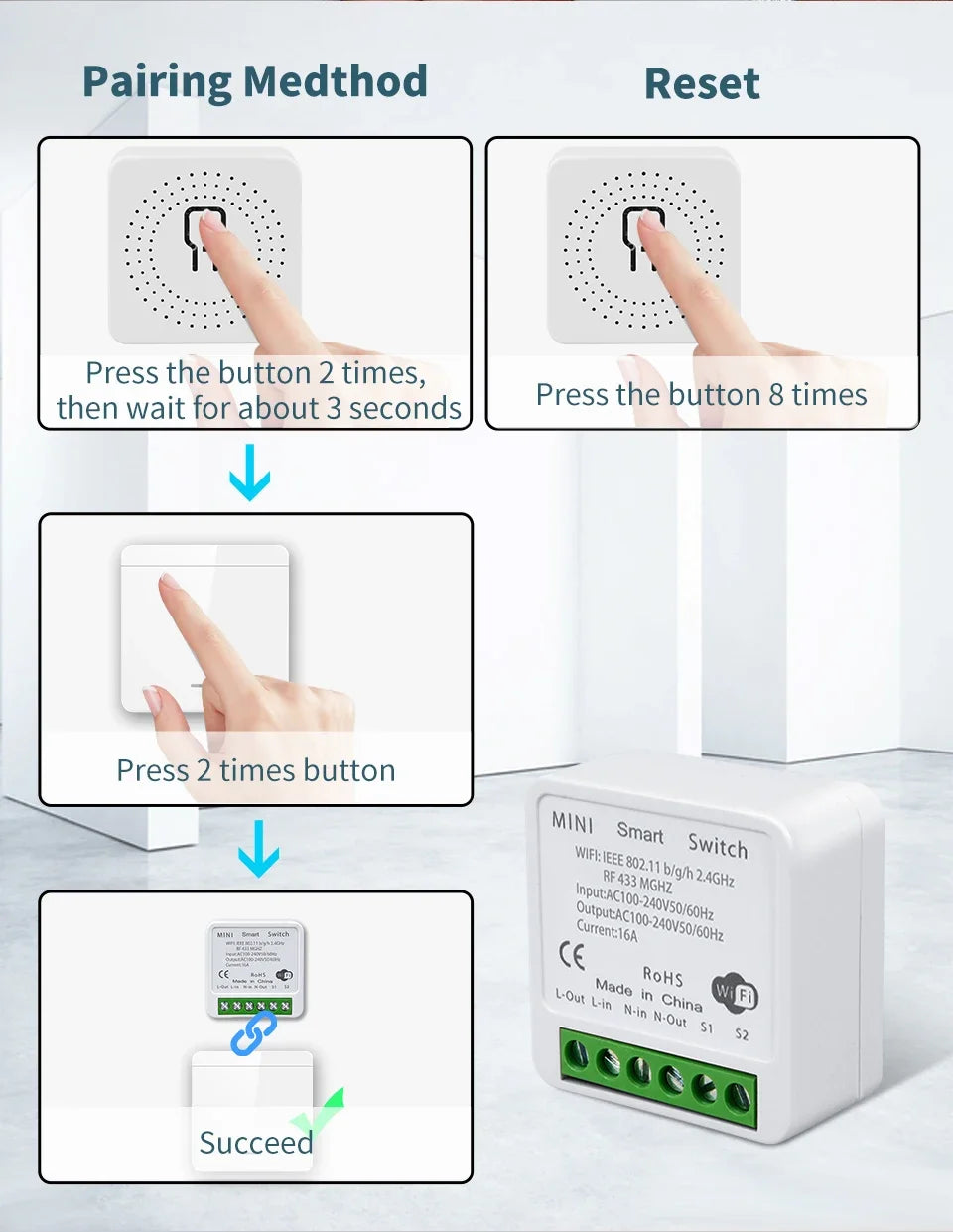 WiFi Smart Switch – Tuya LED Control, Voice & RF Remote