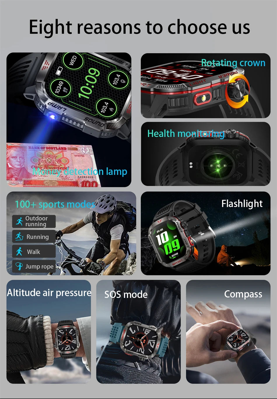 Military GPS Smartwatch for Men – Compass, Flashlight & Bluetooth Call