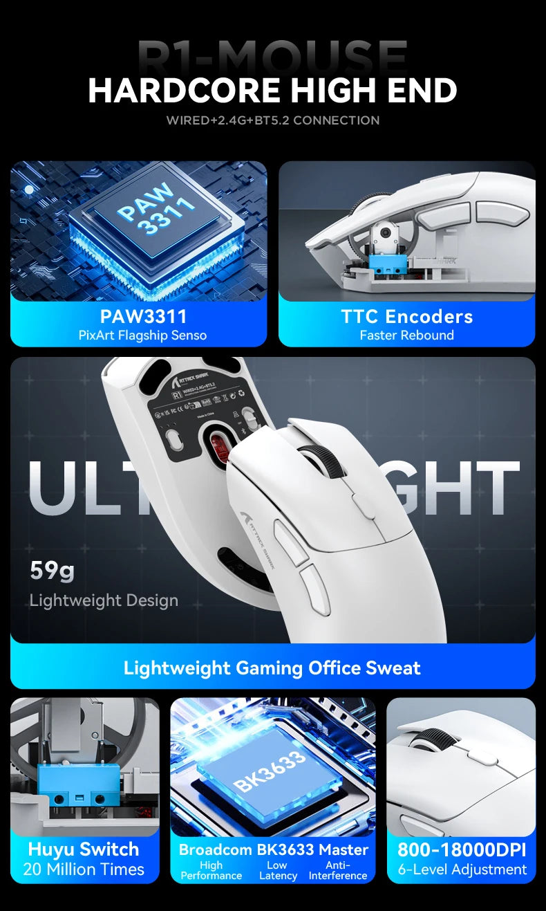 Attack Shark R1 Wireless Gaming Mouse – PAW3311 Sensor & Tri-Mode