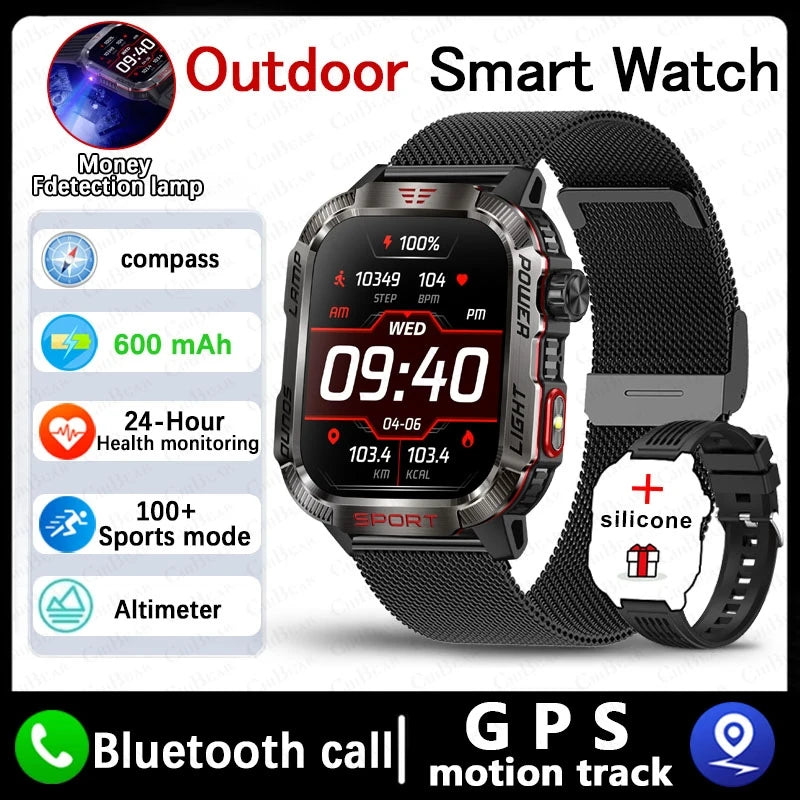 Military GPS Smartwatch for Men – Compass, Flashlight & Bluetooth Call