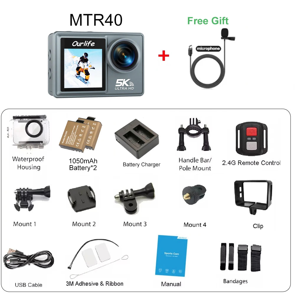 Ourlife MTR40 5K Action Camera – 2" Touchscreen, 170° Waterproof