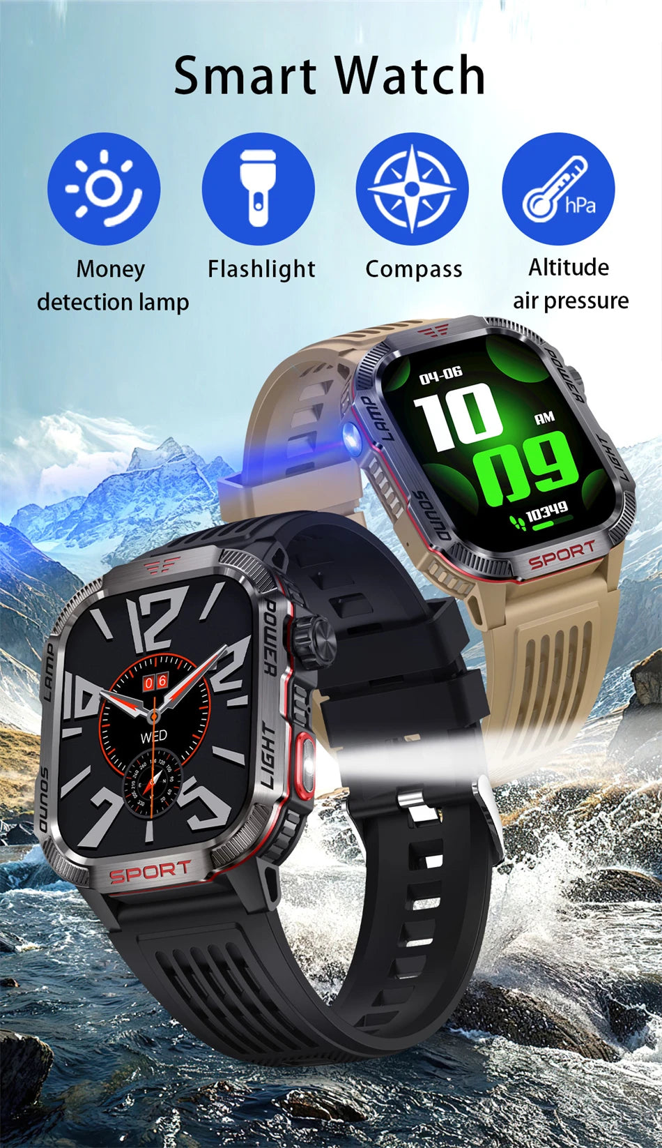 Military GPS Smartwatch for Men – Compass, Flashlight & Bluetooth Call