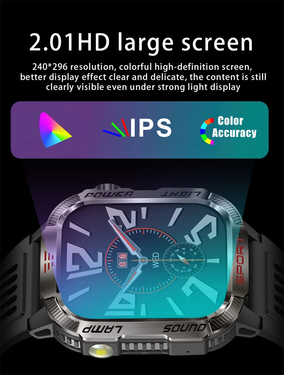 Military GPS Smartwatch for Men – Compass, Flashlight & Bluetooth Call
