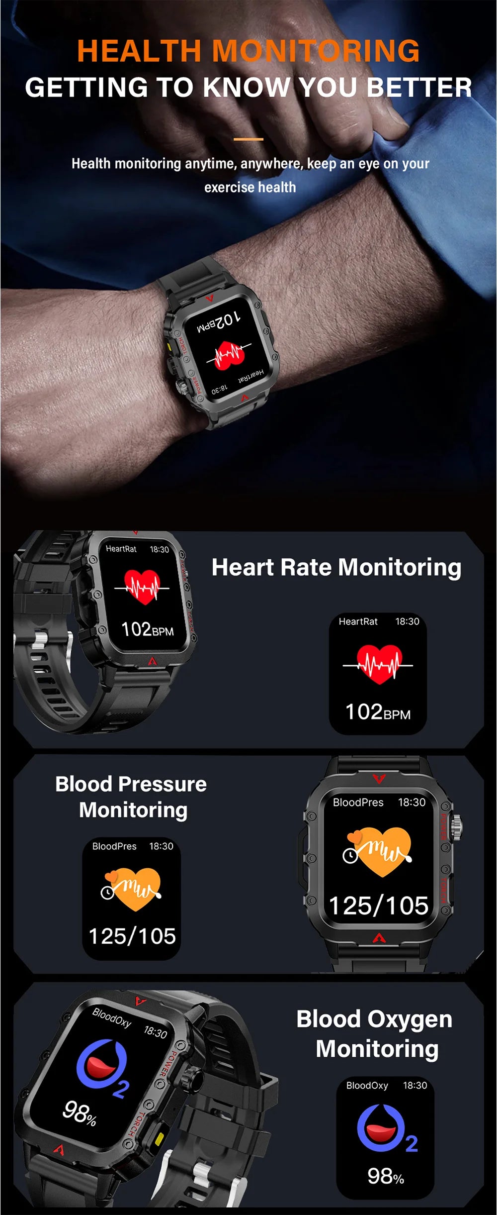 LAXASFIT Men’s Sports Smart Watch – 1.71″ LED Display