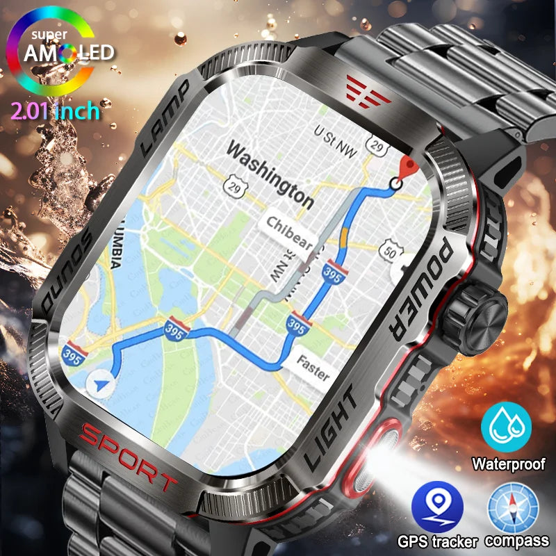 Military GPS Smartwatch for Men – Compass, Flashlight & Bluetooth Call