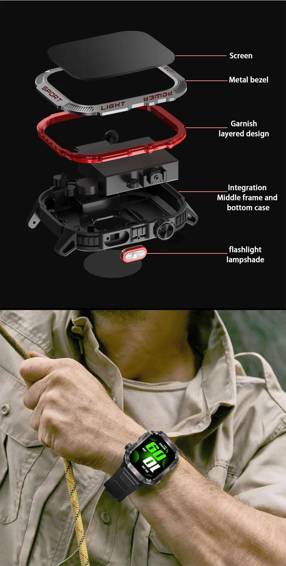 Military GPS Smartwatch for Men – Compass, Flashlight & Bluetooth Call