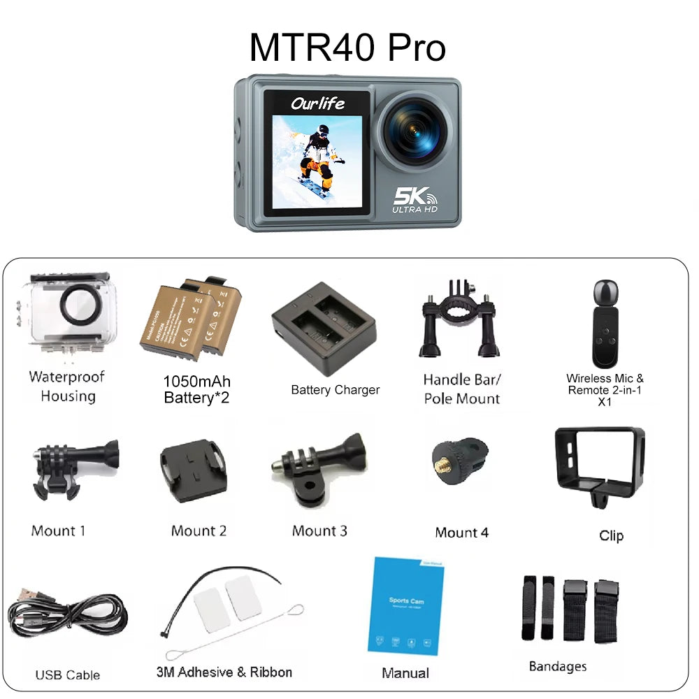 Ourlife MTR40 5K Action Camera – 2" Touchscreen, 170° Waterproof