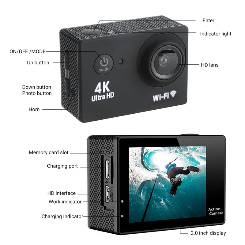 4K Ultra HD Action Camera – 2" Waterproof Helmet Sport Cam