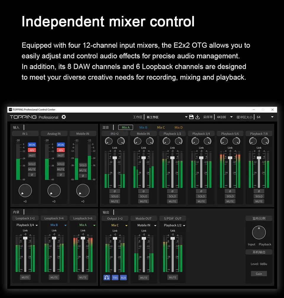 TOPPING E2x2 OTG – 2-in/2-out Audio Interface